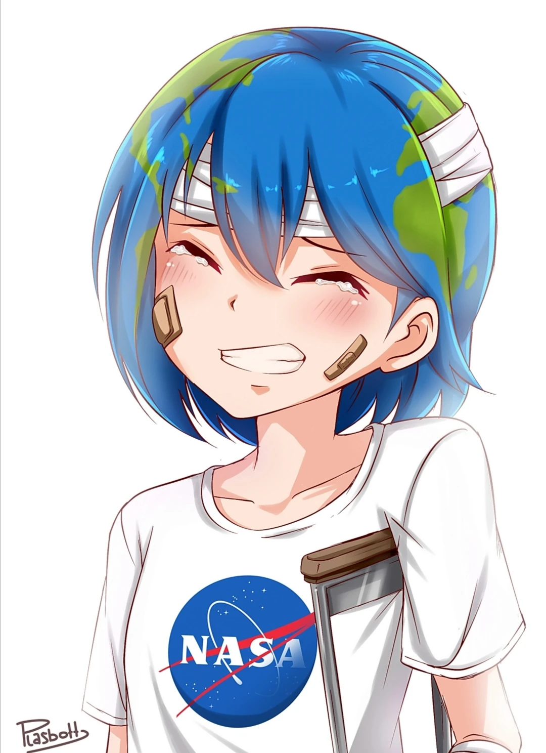 Earth-chan smiling with bandages