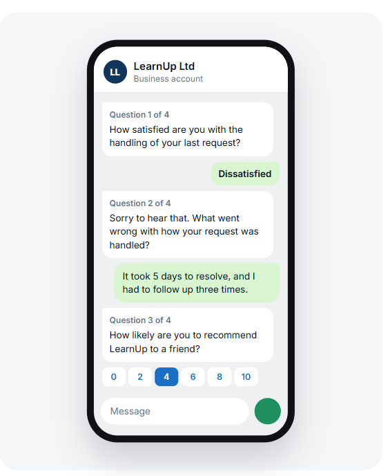 WhatsApp survey conversation with satisfaction and recommendation questions