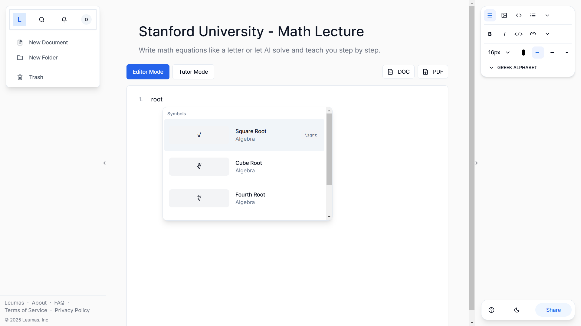 Leumas AI Math Editor Interface