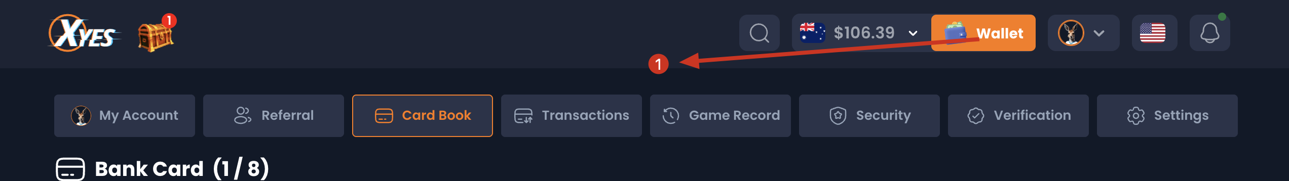 XYES Wallet button in top navigation