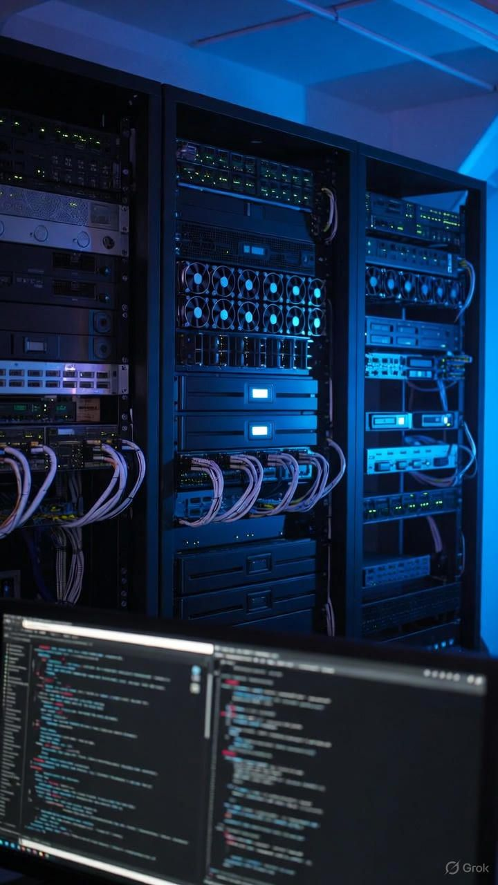 Blue-lit server racks and code monitors