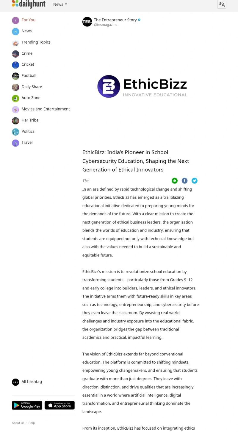 EthicBizz featured in Daily Hunt news coverage
