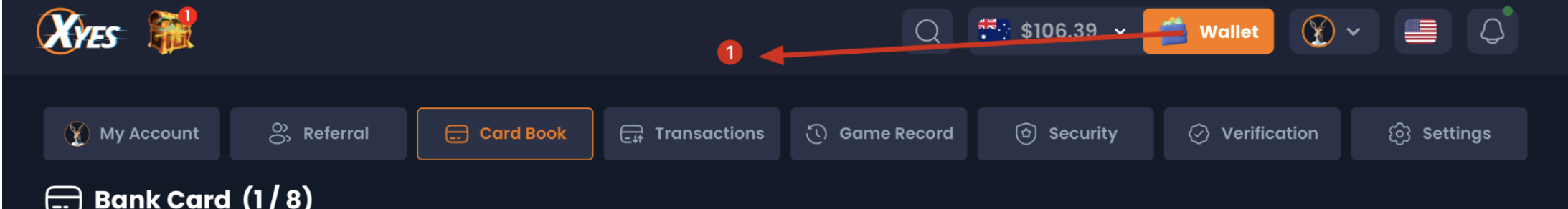 XYES Wallet button in top navigation bar showing AUD $106.39 balance — Step 1 of withdrawal process
