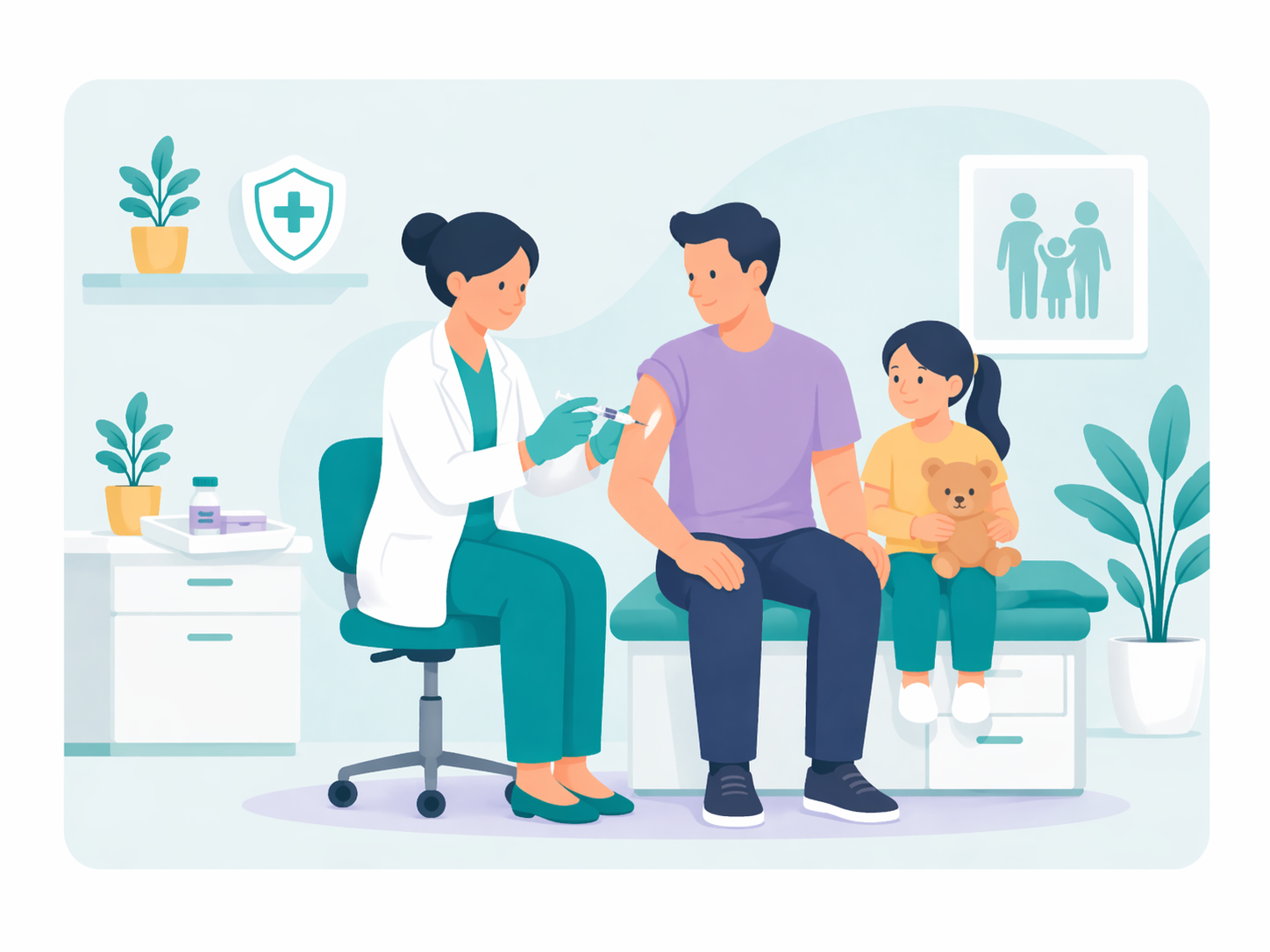 Doctor vaccinating patient with family watching