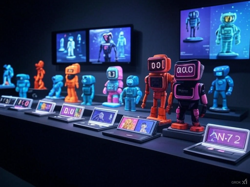 Collection of AI governance representatives as colorful robot figurines