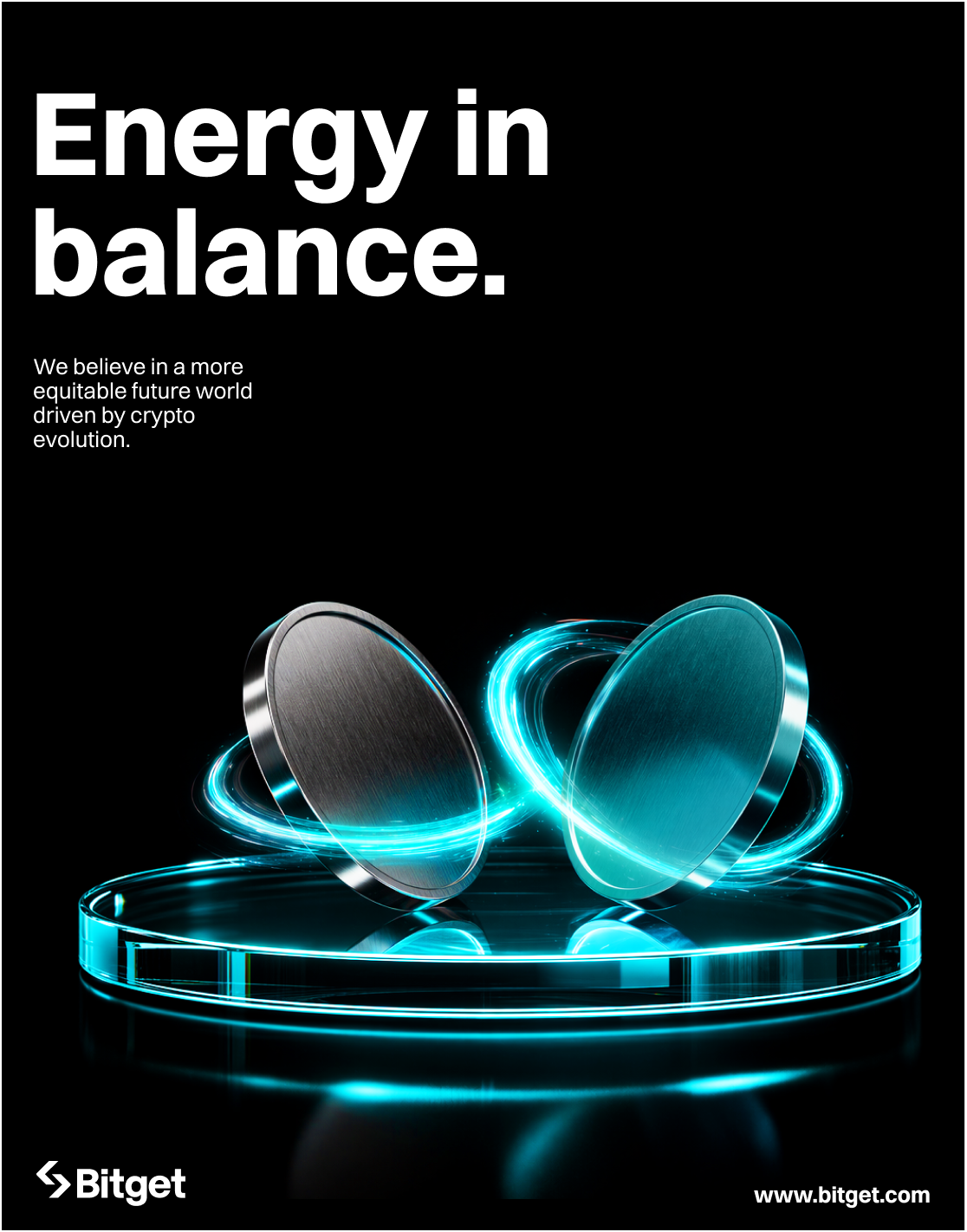 Energy in balance — vertical poster with two neon-ring metallic discs on a cyan glass pedestal, Bitget logo bottom-left, www.bitget.com bottom-right