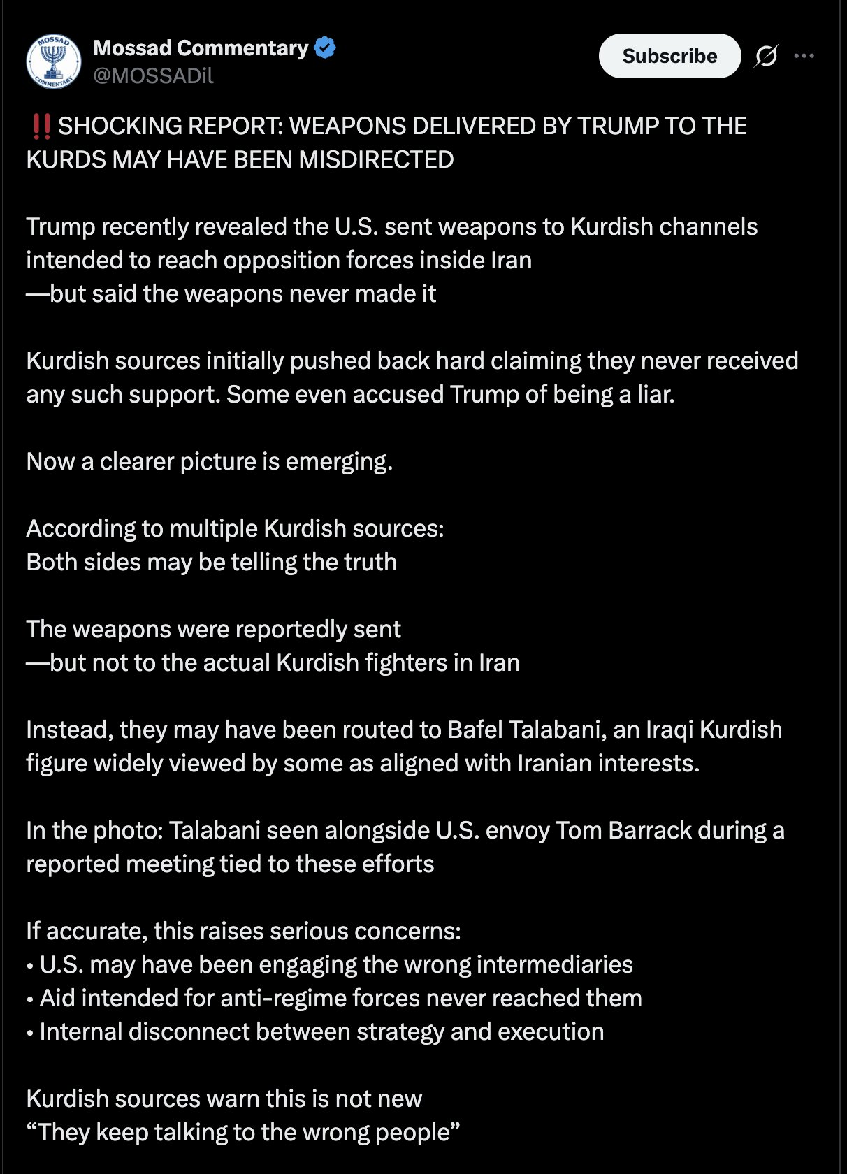 Mossad Commentary report on Kurdish weapons diversion