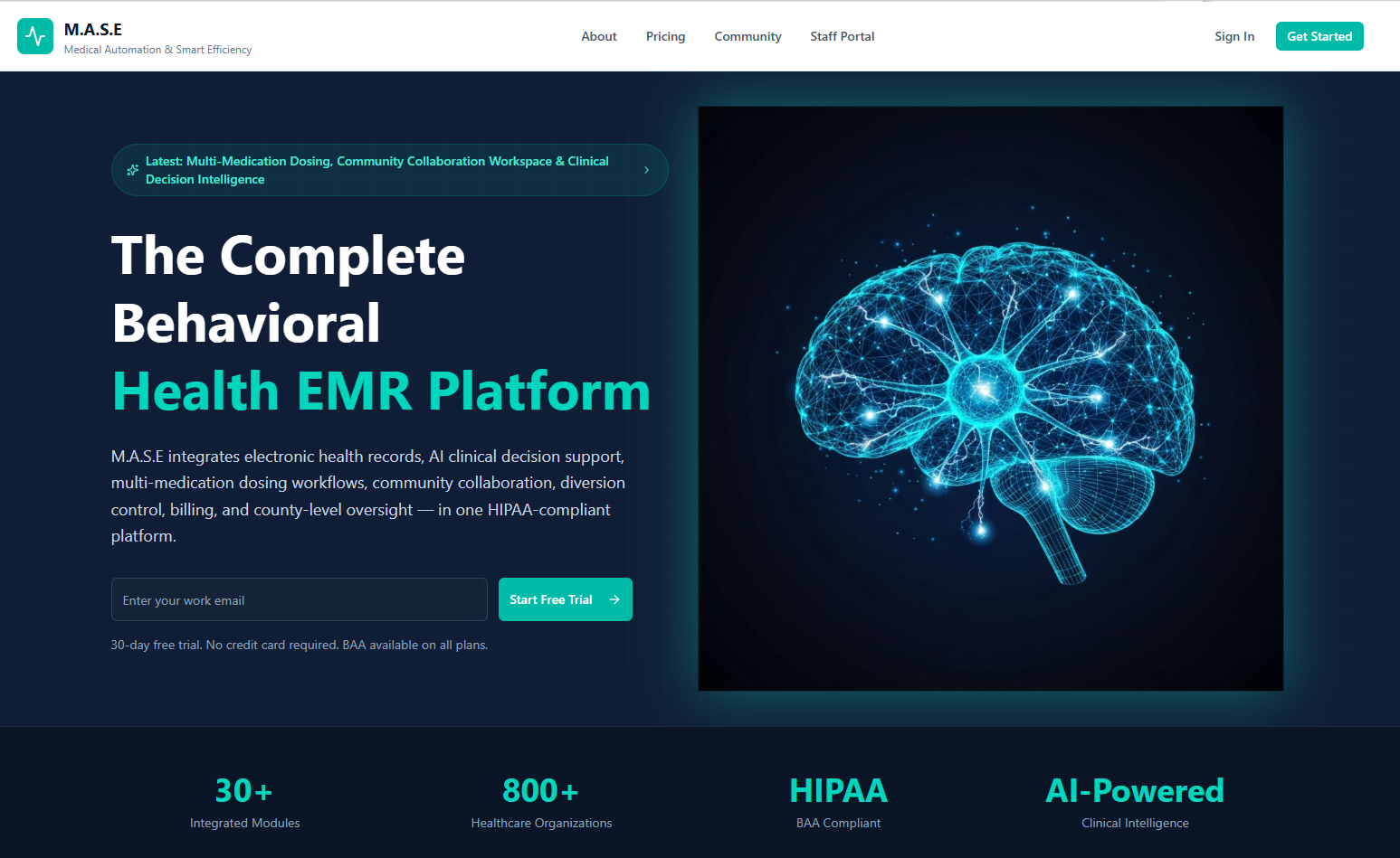 M.A.S.E EMR behavioral health platform showing clinical EMR interface with brain visualization