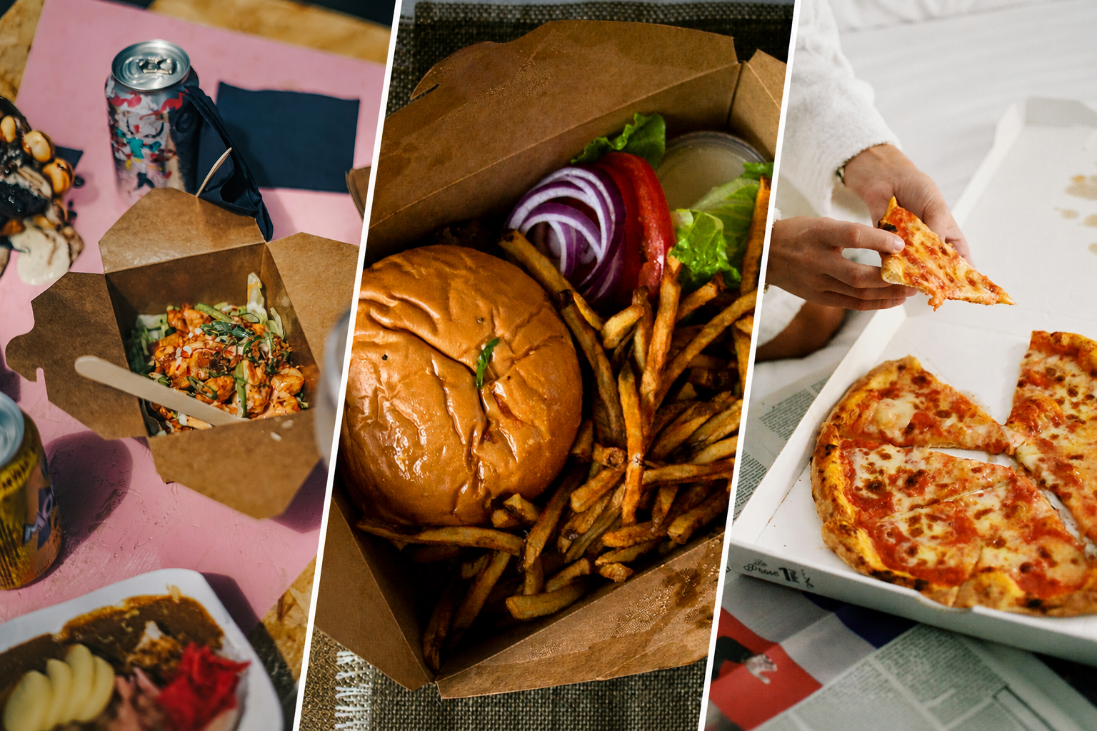 Three-panel restaurant takeout collage: a shrimp slaw box with drinks, a brioche burger with fries, and a hand lifting a cheese pizza slice
