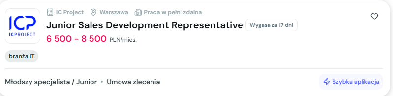 Junior Sales Development Representative - IC Project - 6 500-8 500 PLN/mies.