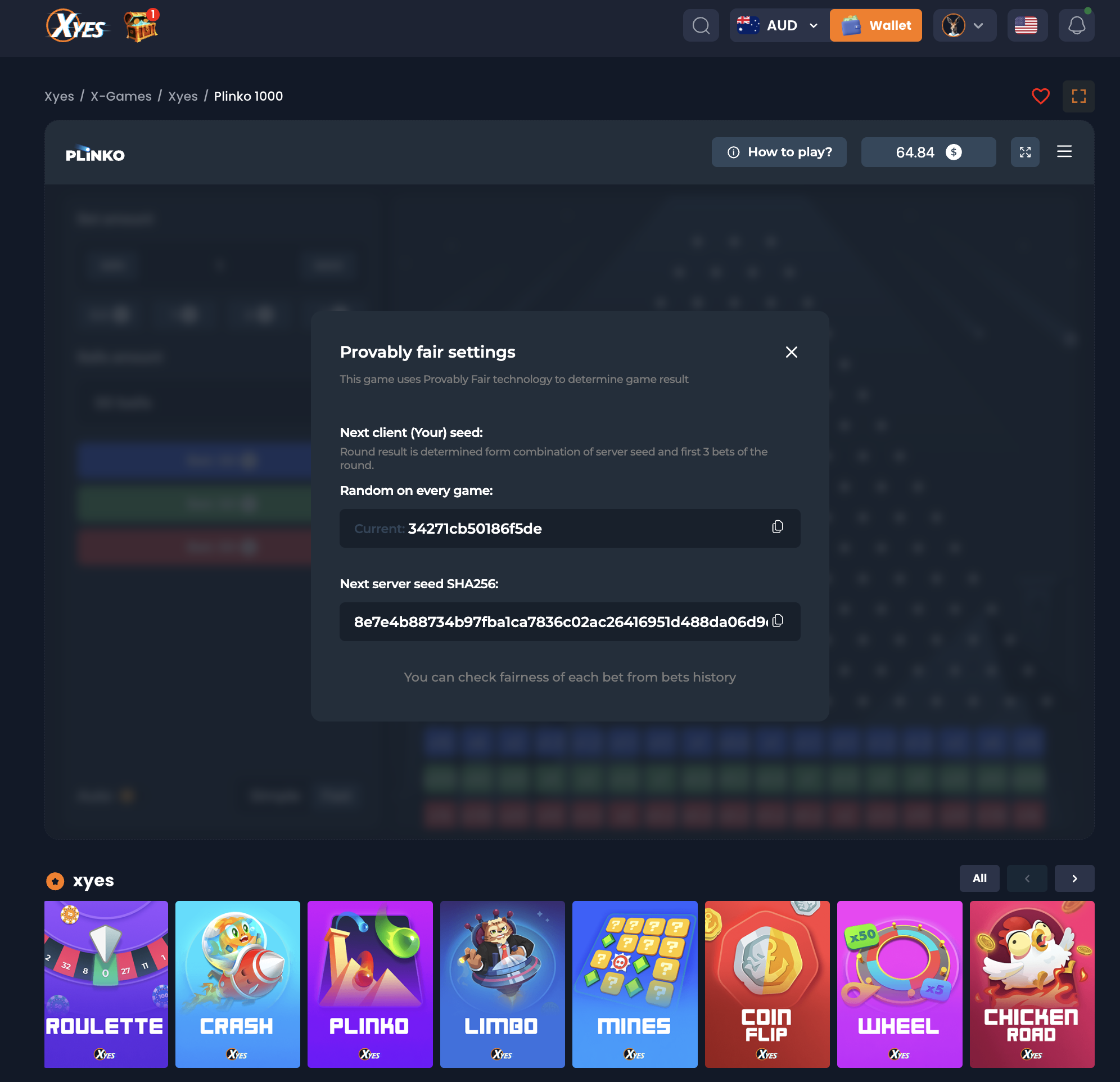 XYES Plinko provably fair settings showing client seed and server seed SHA256