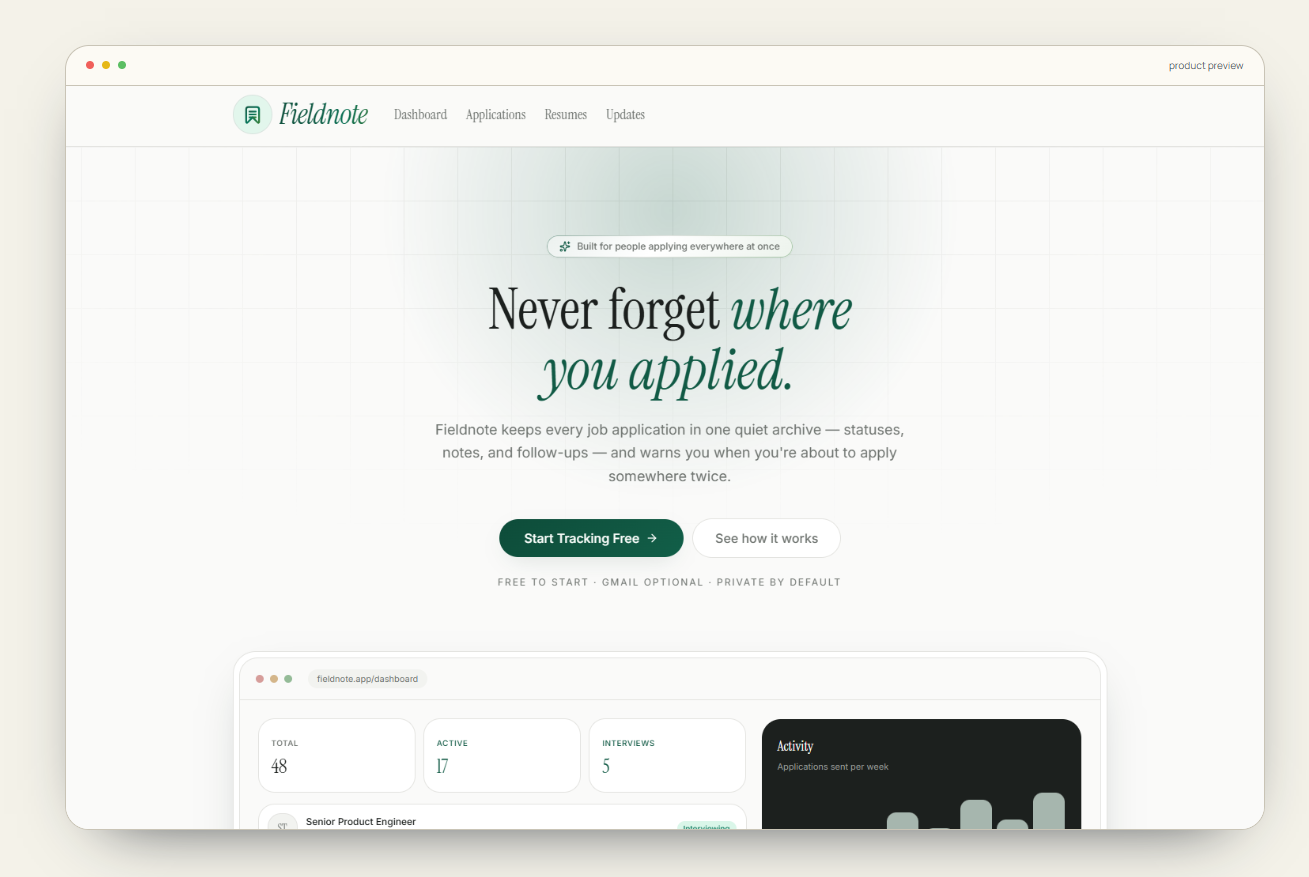 Fieldnote Pro job application tracker dashboard with a calm green and cream interface