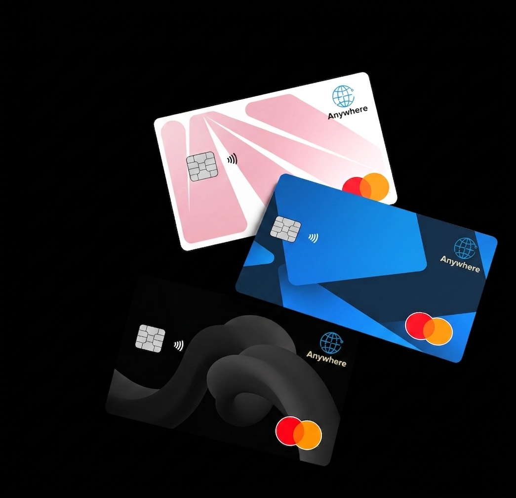 Anywhere payment cards - pink, blue, and black branded cards