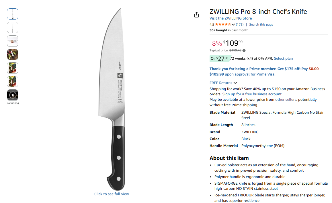 ZWILLING Pro 8-inch Chef's Knife on Amazon — $109.99, 4.5 stars, 178 reviews