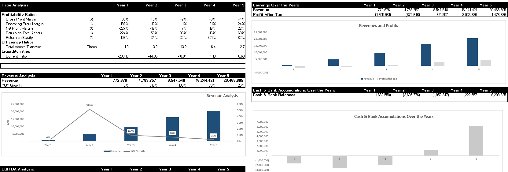 Ratio Analysis with profitability metrics, revenue analysis charts, and cash accumulations