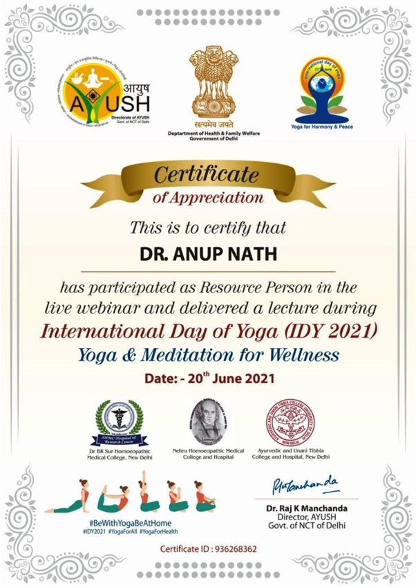 Certificate of Appreciation for Dr. Anup Nath IDY 2021