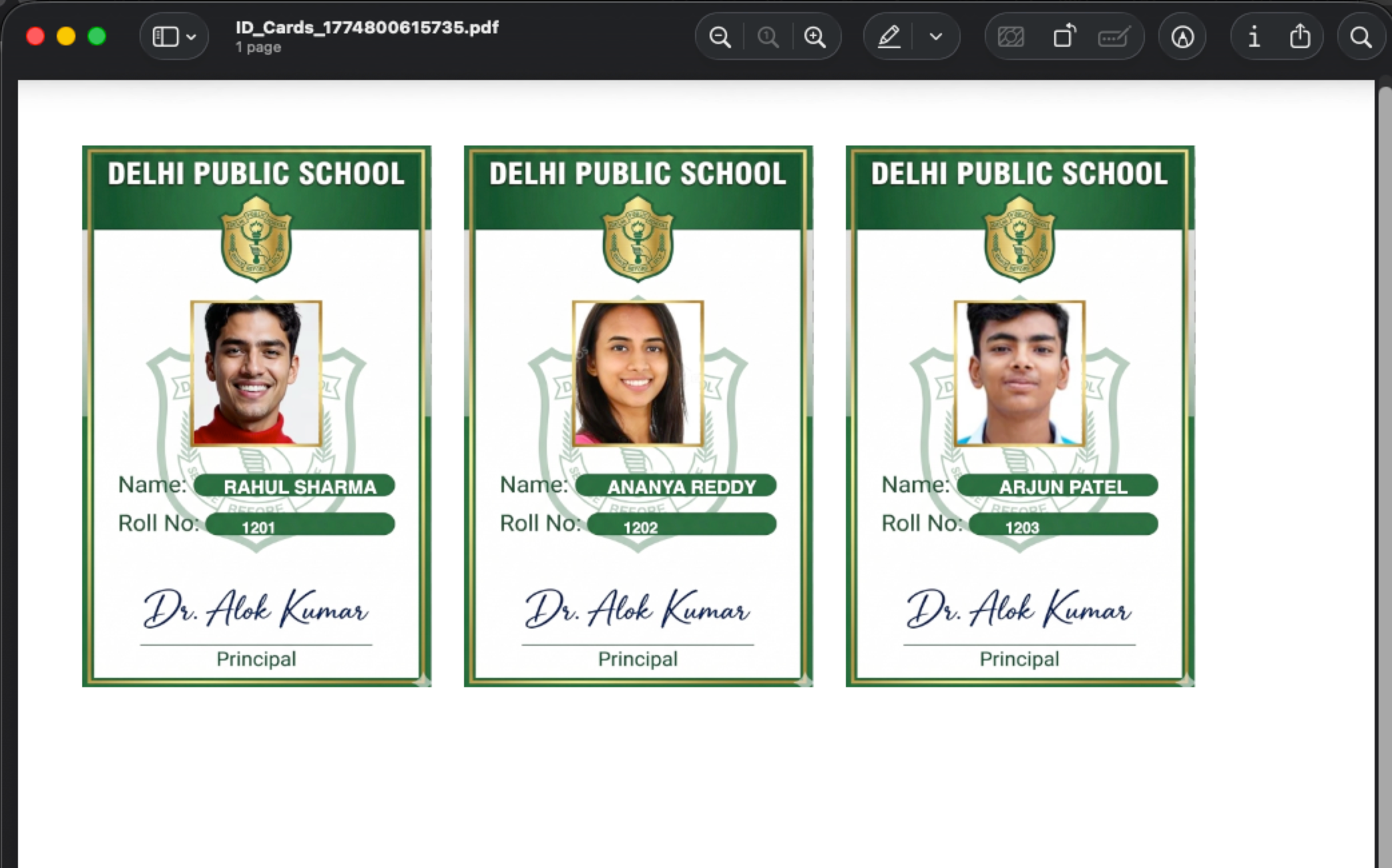 PDF sheet with multiple ID cards ready for printing