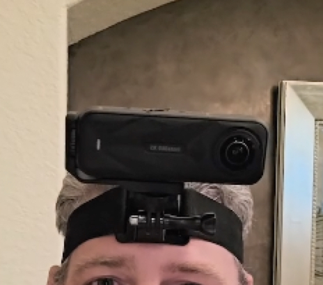 Insta360 X5 mounted horizontally on a head strap using the horizontal adapter, as required for Study 2