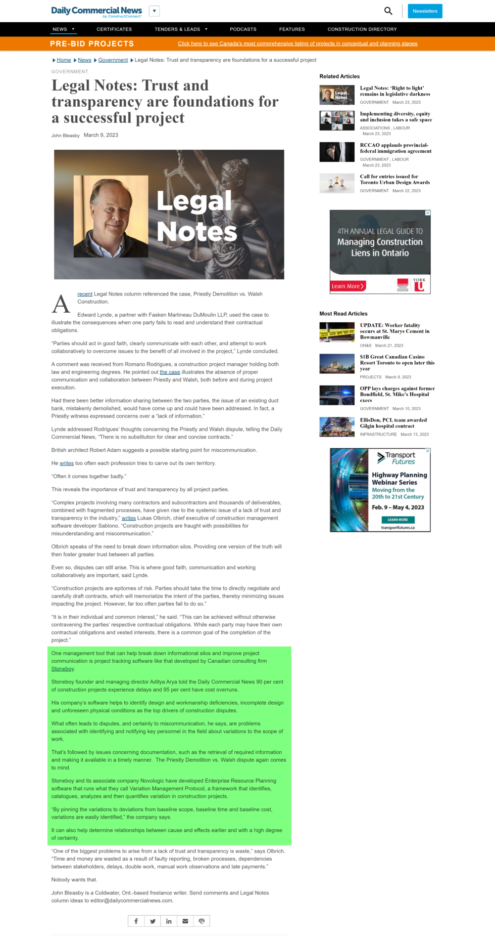 Daily Commercial News - Legal Notes article screenshot