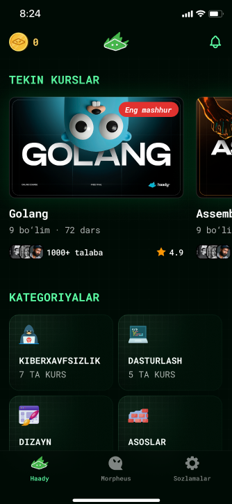 Haady home screen with courses