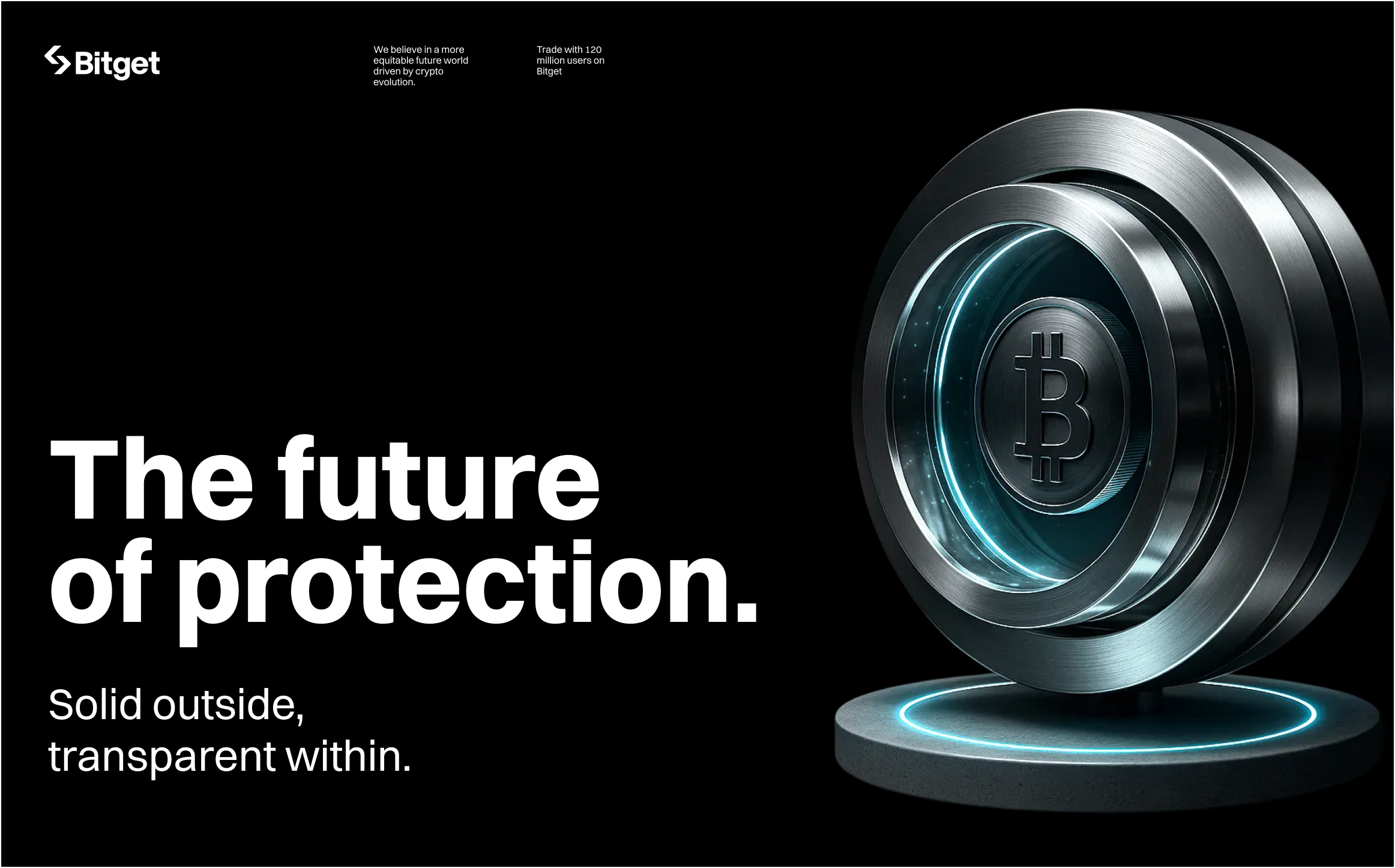 The future of protection — metal Bitcoin coin with neon ring on matte pedestal