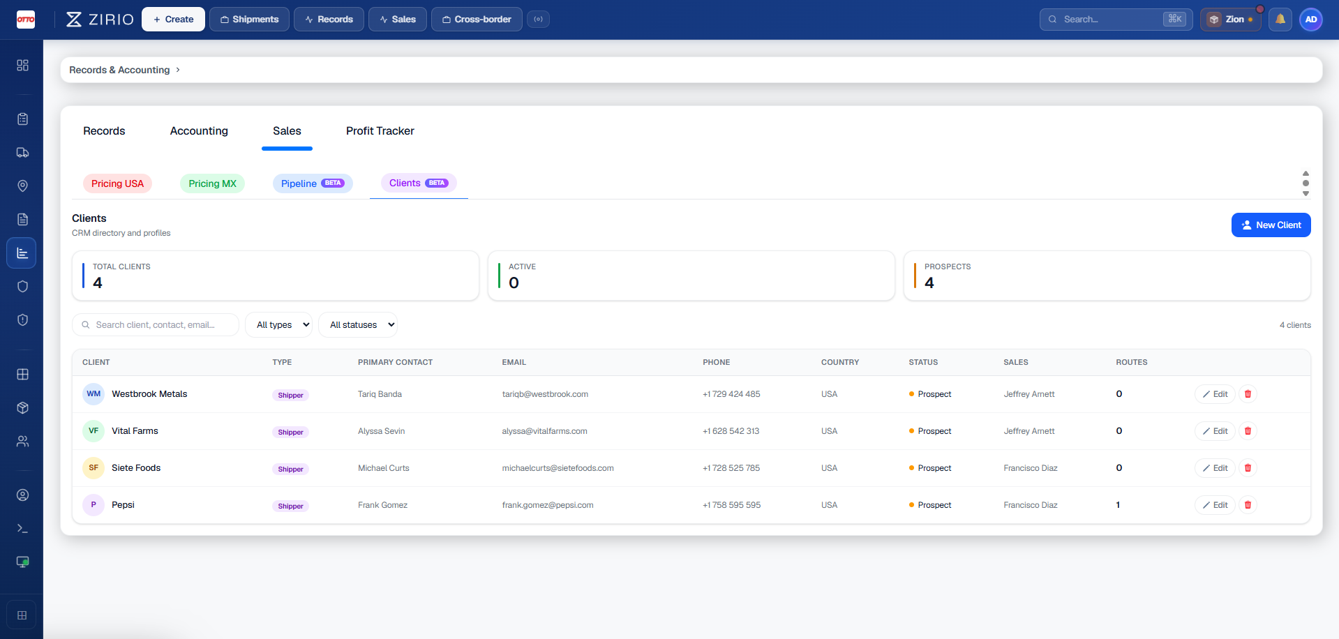 Zirio CRM interface showing client directory with contacts, status, and sales information