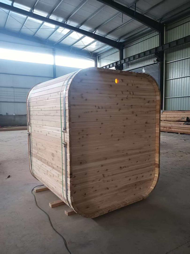 Rear view of the Prahran Standard Cedar Sauna showing the cedar exterior cladding and rounded profile construction