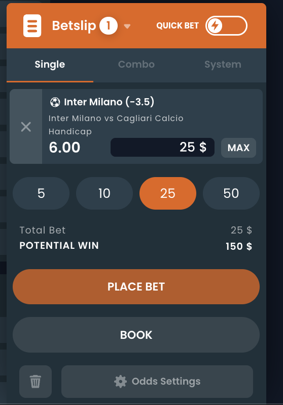 XYES betslip showing Inter Milano handicap bet at odds 6.00 with potential win of $150 on a $25 stake