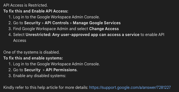 Troubleshooting reference showing Google Workspace Admin console steps for resolving restricted API access and enabling disabled API systems.