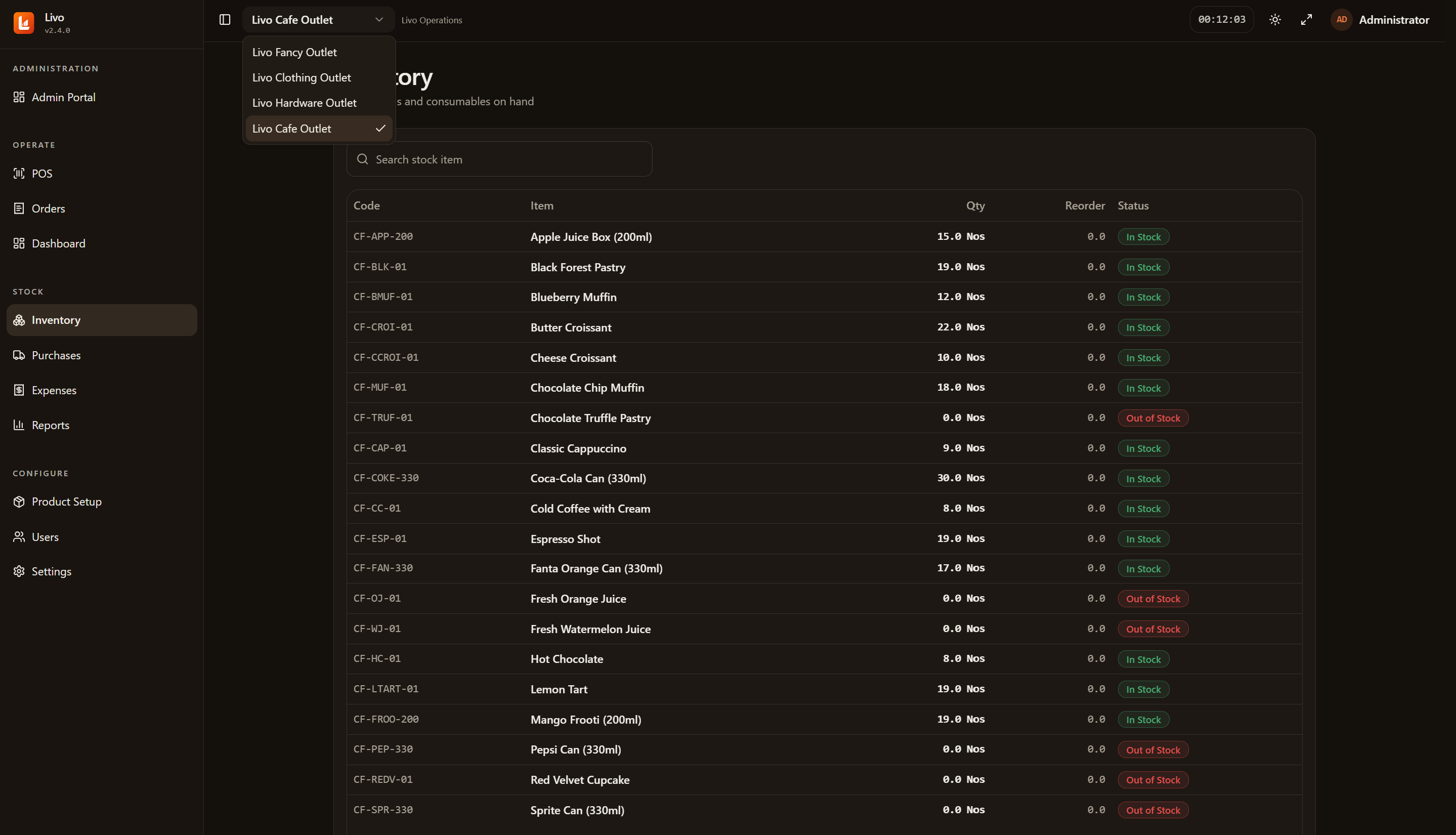 Livo dark inventory view with multi-outlet selector open