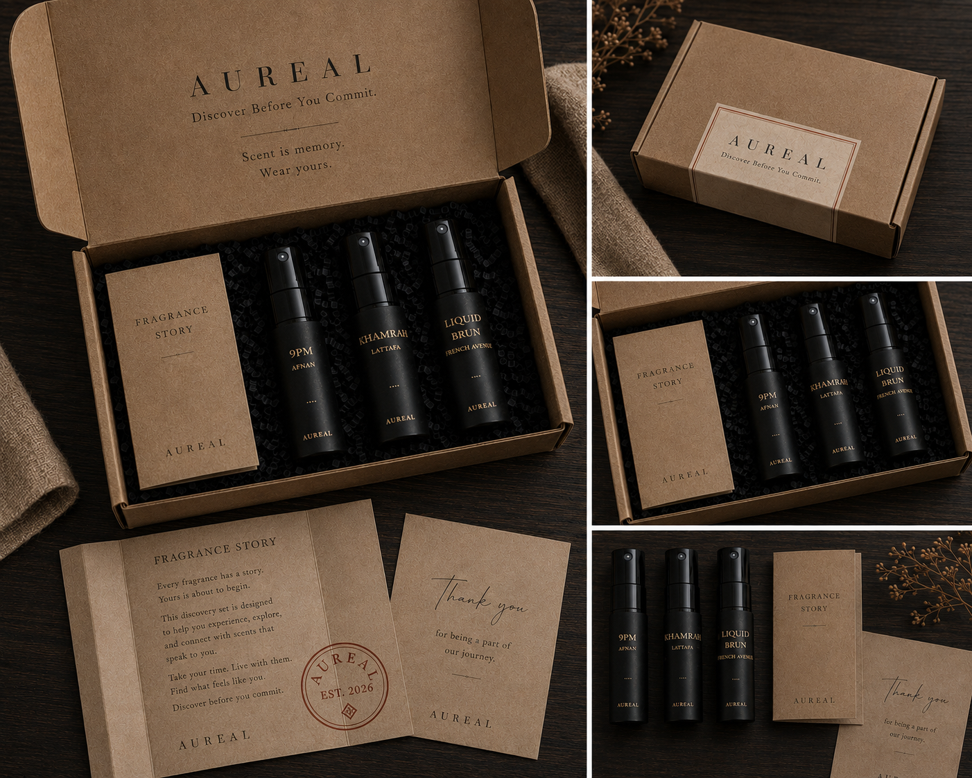 Aureal Discovery Kit - Premium kraft packaging with 3 black atomizers, fragrance story booklet, thank you card, and EST. 2026 seal
