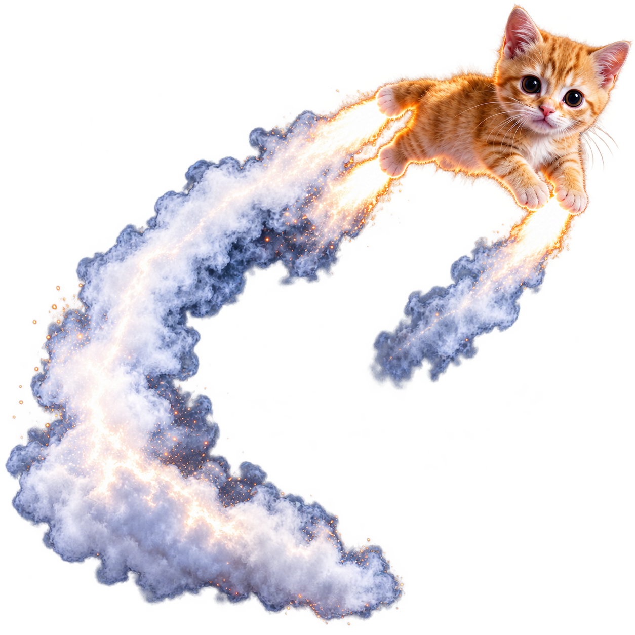 Flying orange kitten with fiery rocket trails