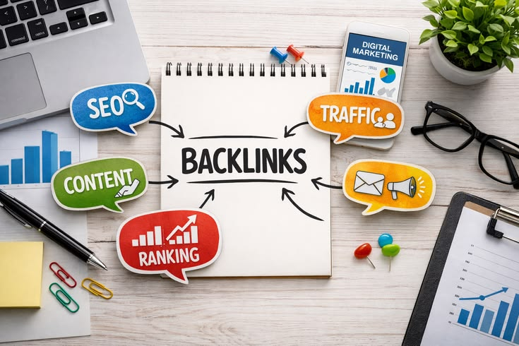 Backlinks SEO diagram with content, traffic, ranking, and digital marketing symbols