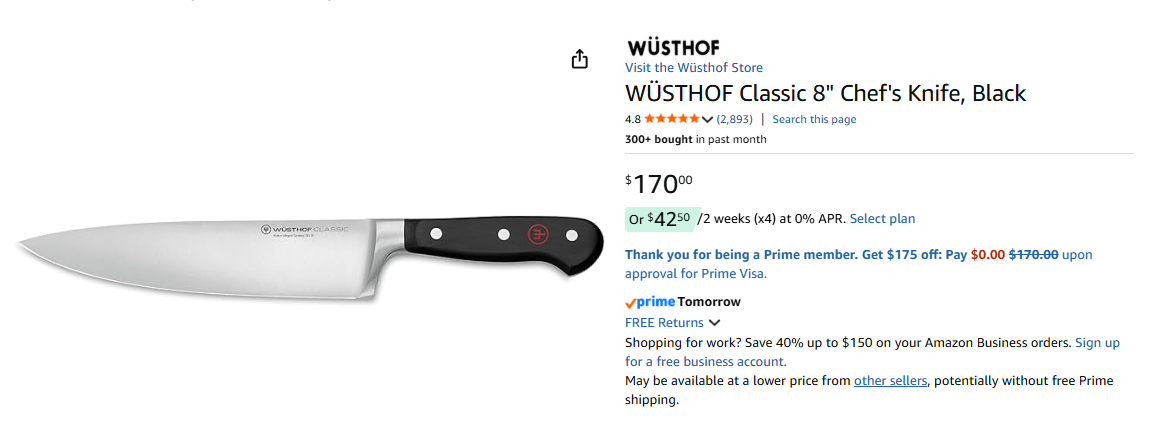 WÜSTHOF Classic 8 inch Chef's Knife on Amazon — $170, 4.8 stars, 2,893 reviews