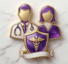 Medical professionals with caduceus shield representing brand identity