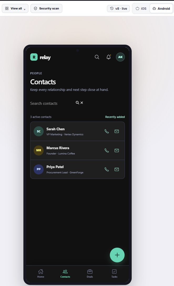 Mango9 mobile CRM app preview showing contacts and native mobile controls