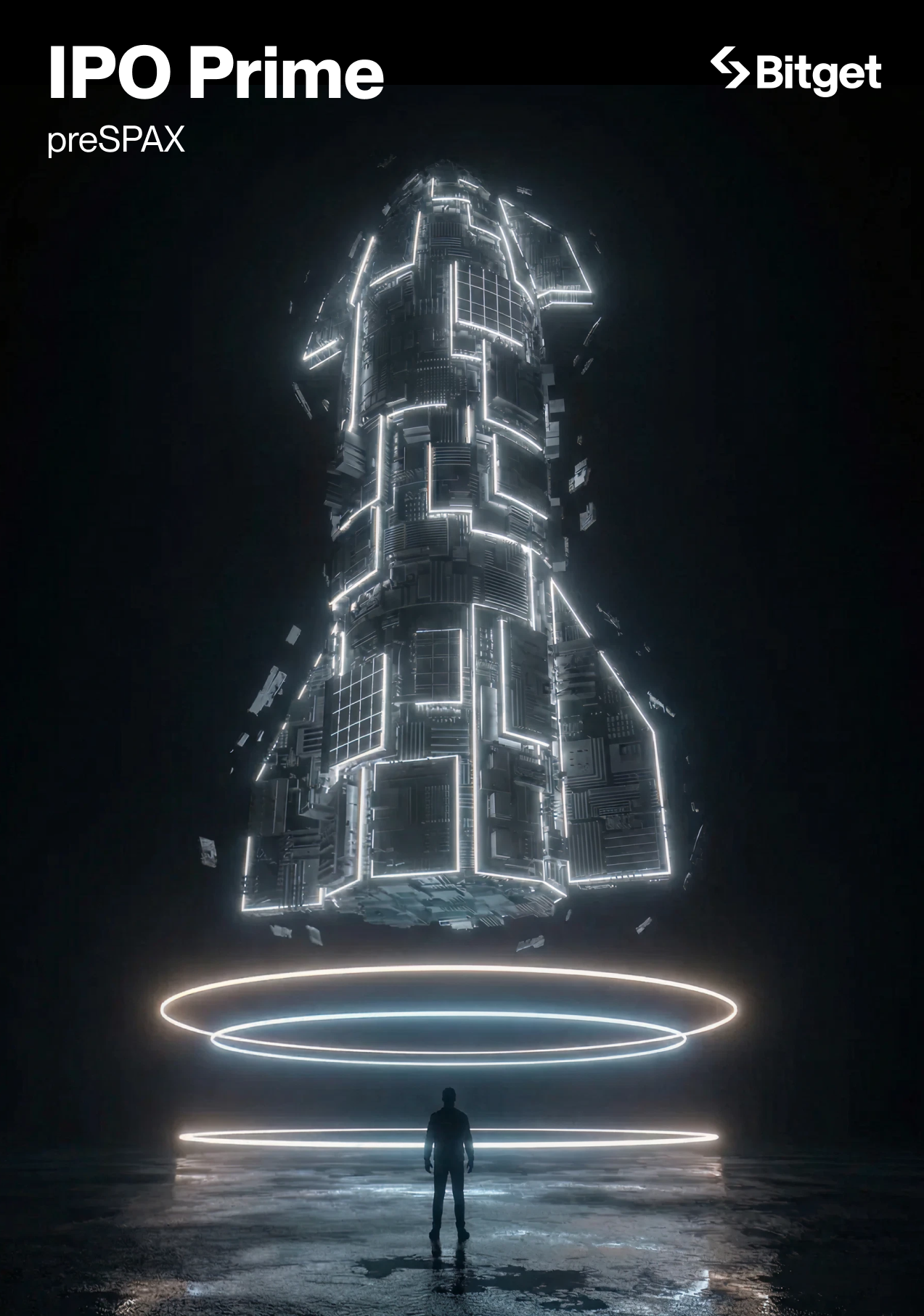 Bitget IPO Prime preSPAX — 3D wireframe rocket hovering above neon rings with silhouetted figure below