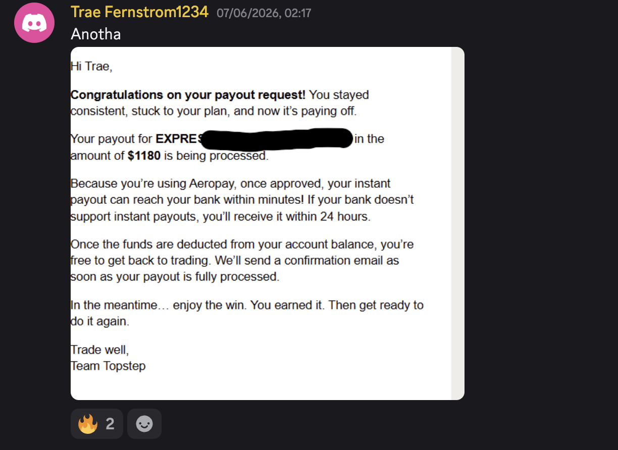 Trae Fernstrom — Topstep $1,180 payout email July 2026