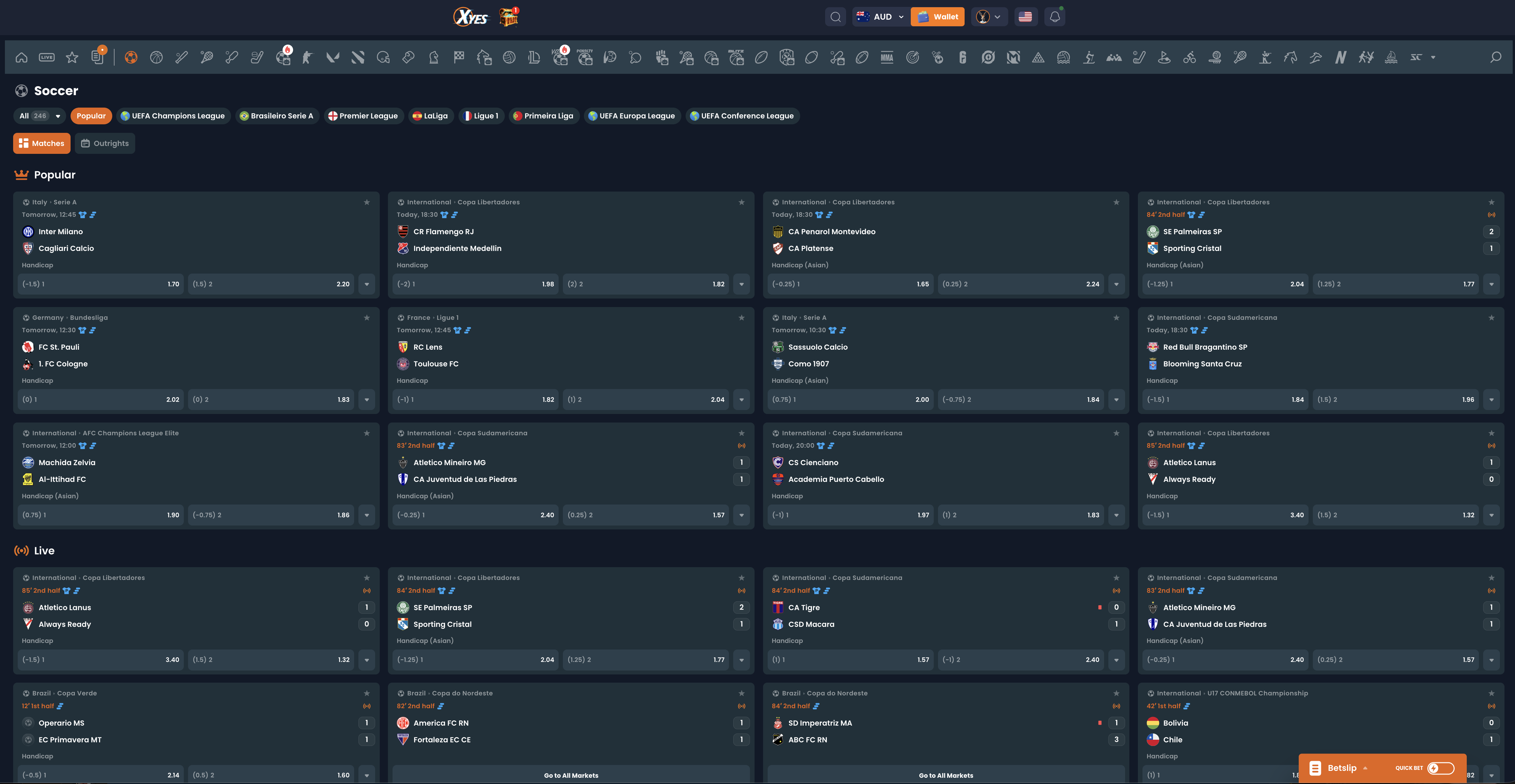 XYES soccer betting lobby showing 246 markets across UEFA Champions League, Premier League, LaLiga and Copa Libertadores