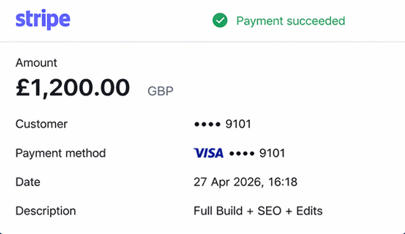 Stripe £1,200.00 - Full Build + SEO + Edits - April 2026