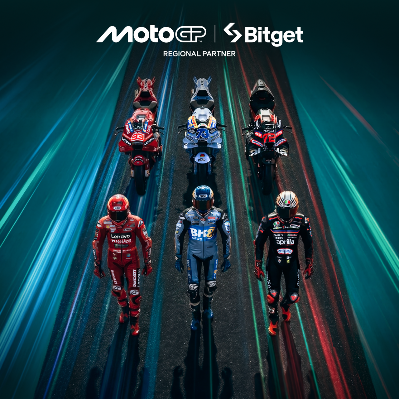 MotoGP x Bitget Regional Partner — aerial shot of three riders walking toward camera on a teal light-streaked track