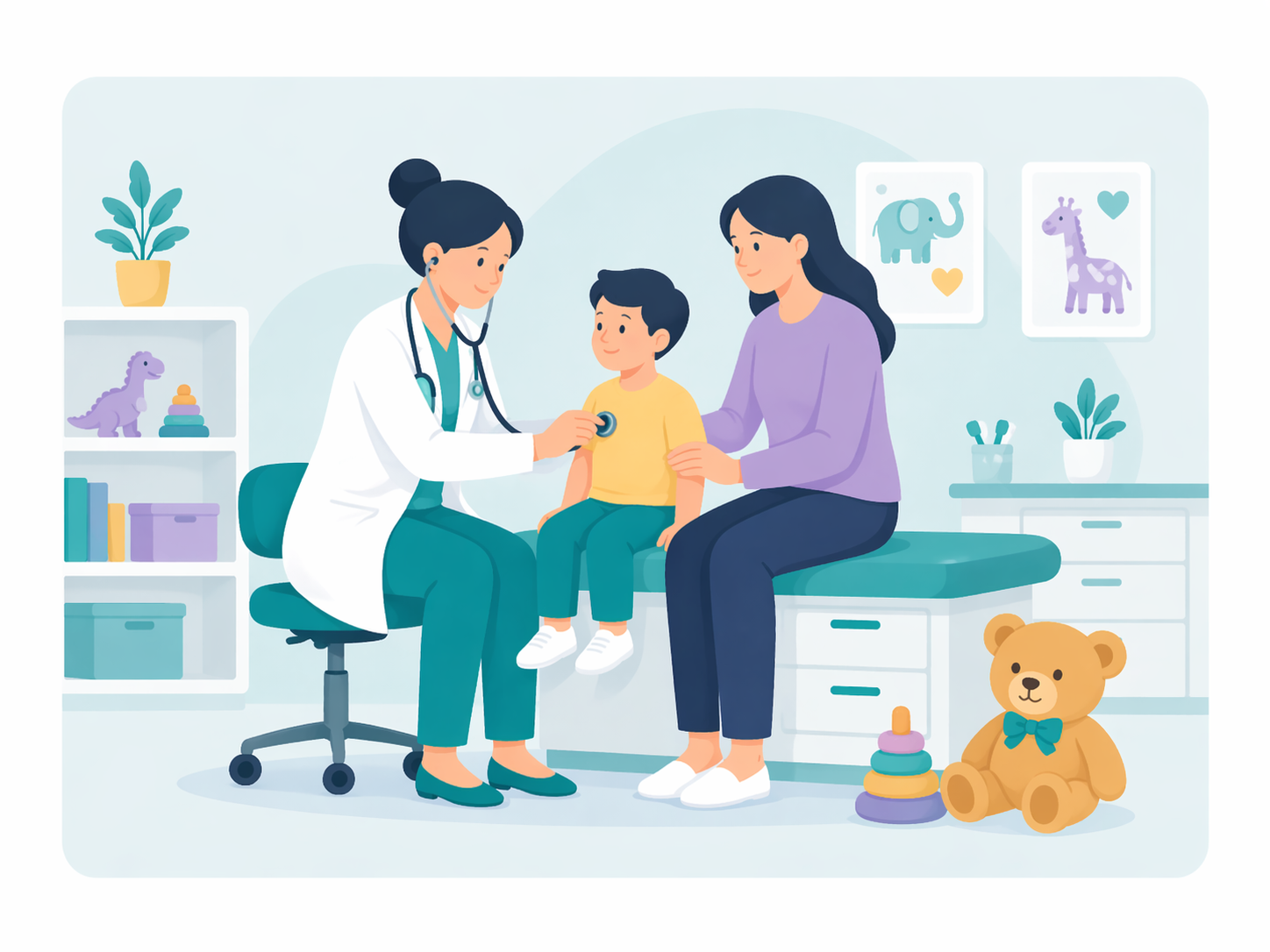 Doctor examining child with stethoscope while mother watches