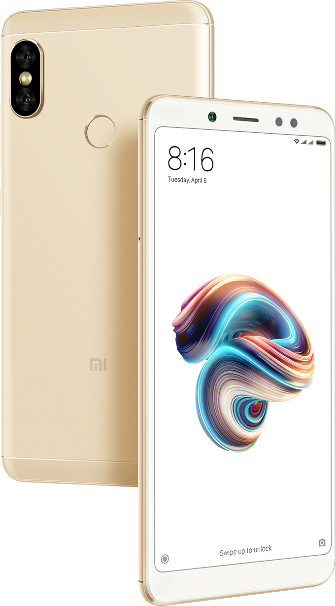 Redmi Note 5 Pro in gold, shown from the front and back