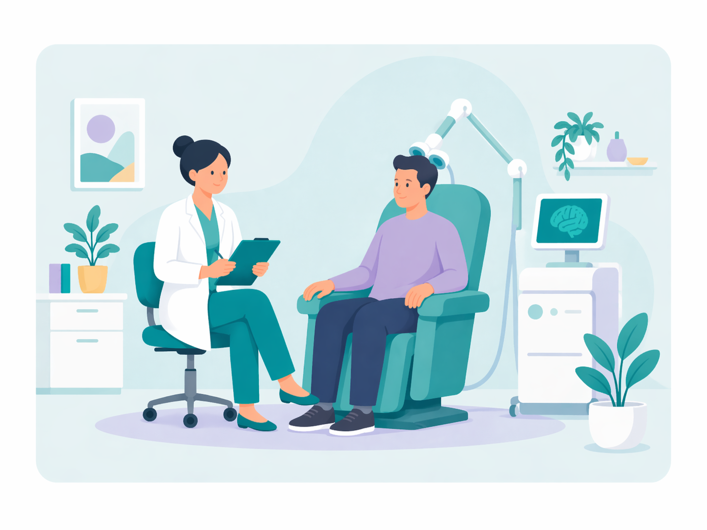 Patient receiving TMS therapy with doctor monitoring