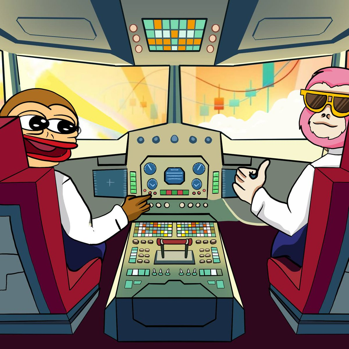 PinKe and Pepe in airplane cockpit