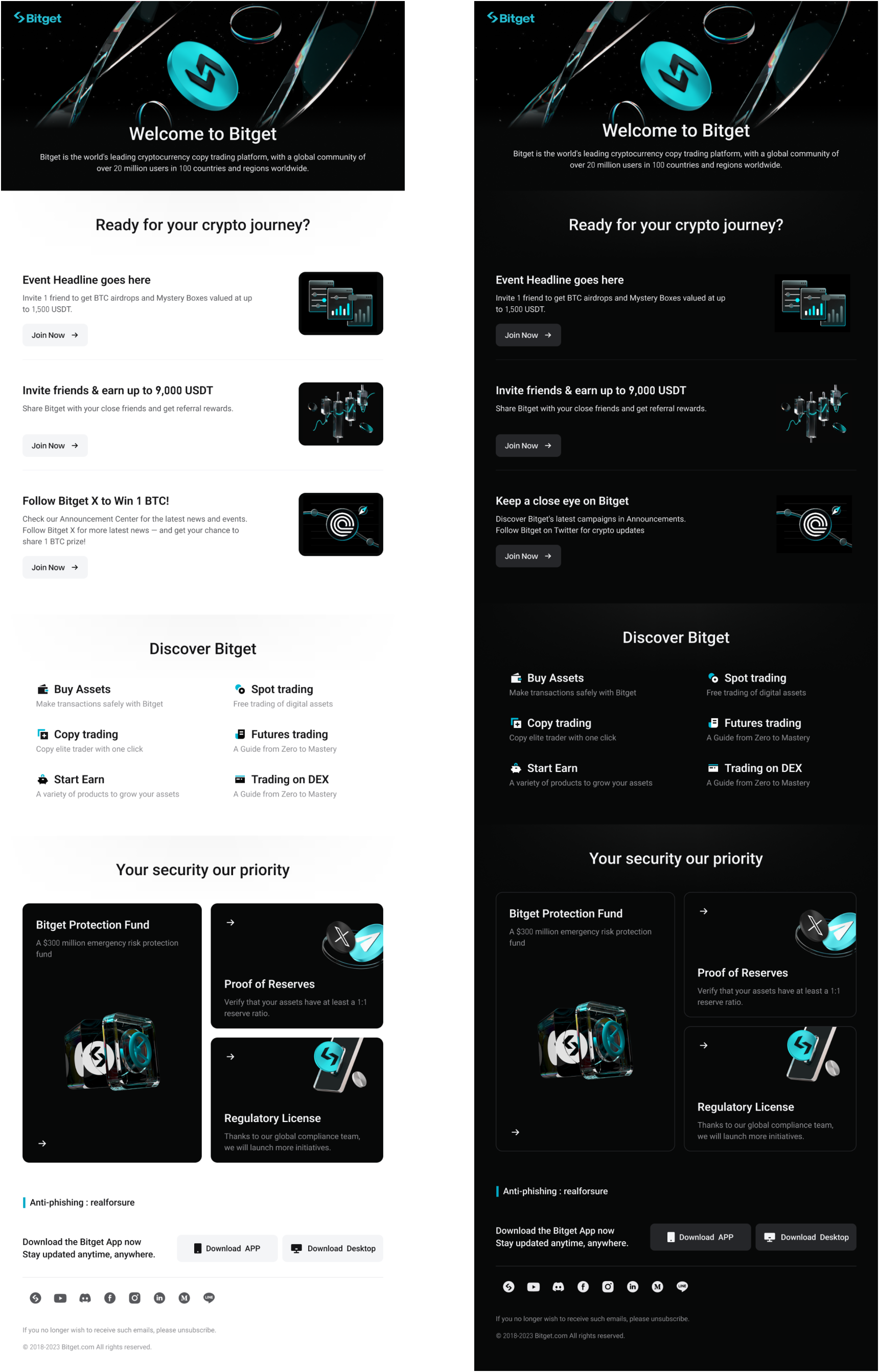 Bitget EDM — complete light and dark variants side by side, full email from hero through event modules, Discover Bitget grid, security section, app download buttons, social icons, and legal footer