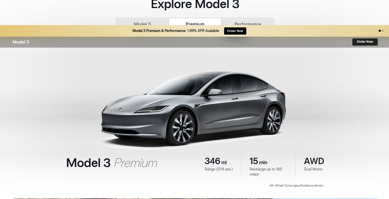Silver Tesla Model 3 Premium displayed with its range, recharge time, and all-wheel drive details