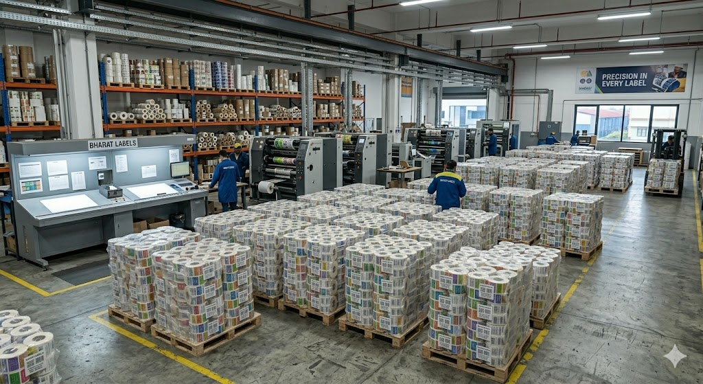 Bharat Labels manufacturing facility with pallets of label rolls and printing machines