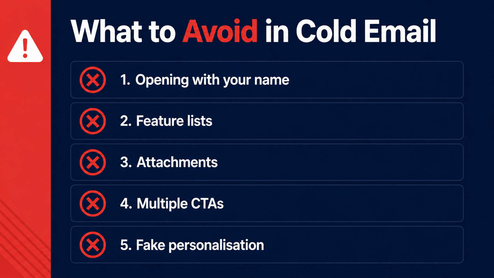 What to Avoid in Cold Email — five red X items: 1. Opening with your name, 2. Feature lists, 3. Attachments, 4. Multiple CTAs, 5. Fake personalisation
