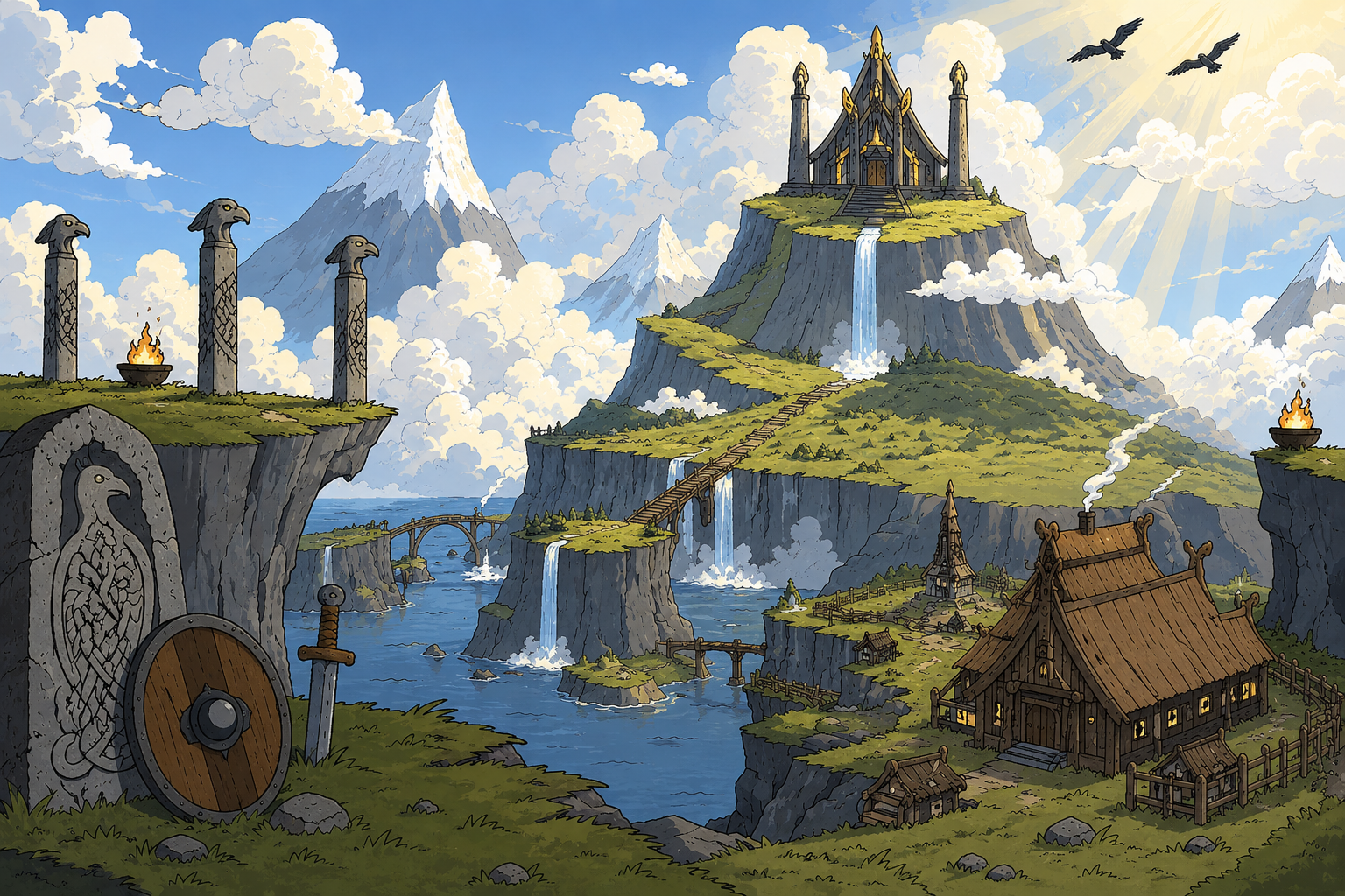 A Norse fantasy landscape with Valhalla temple atop a mountain, waterfalls, Viking village, and eagle statues